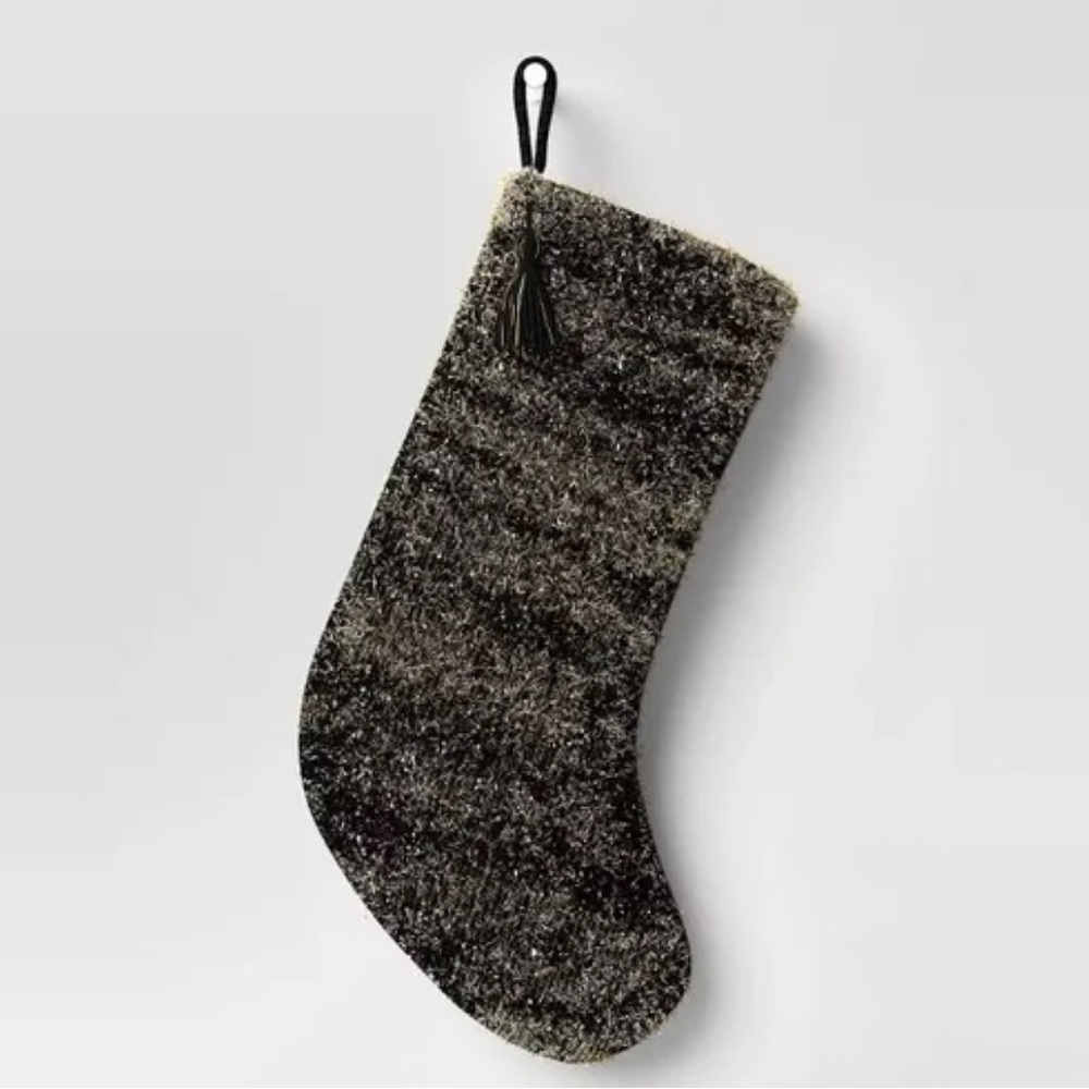 NWT Knit Christmas Stocking with Tinsel & Tassel Black